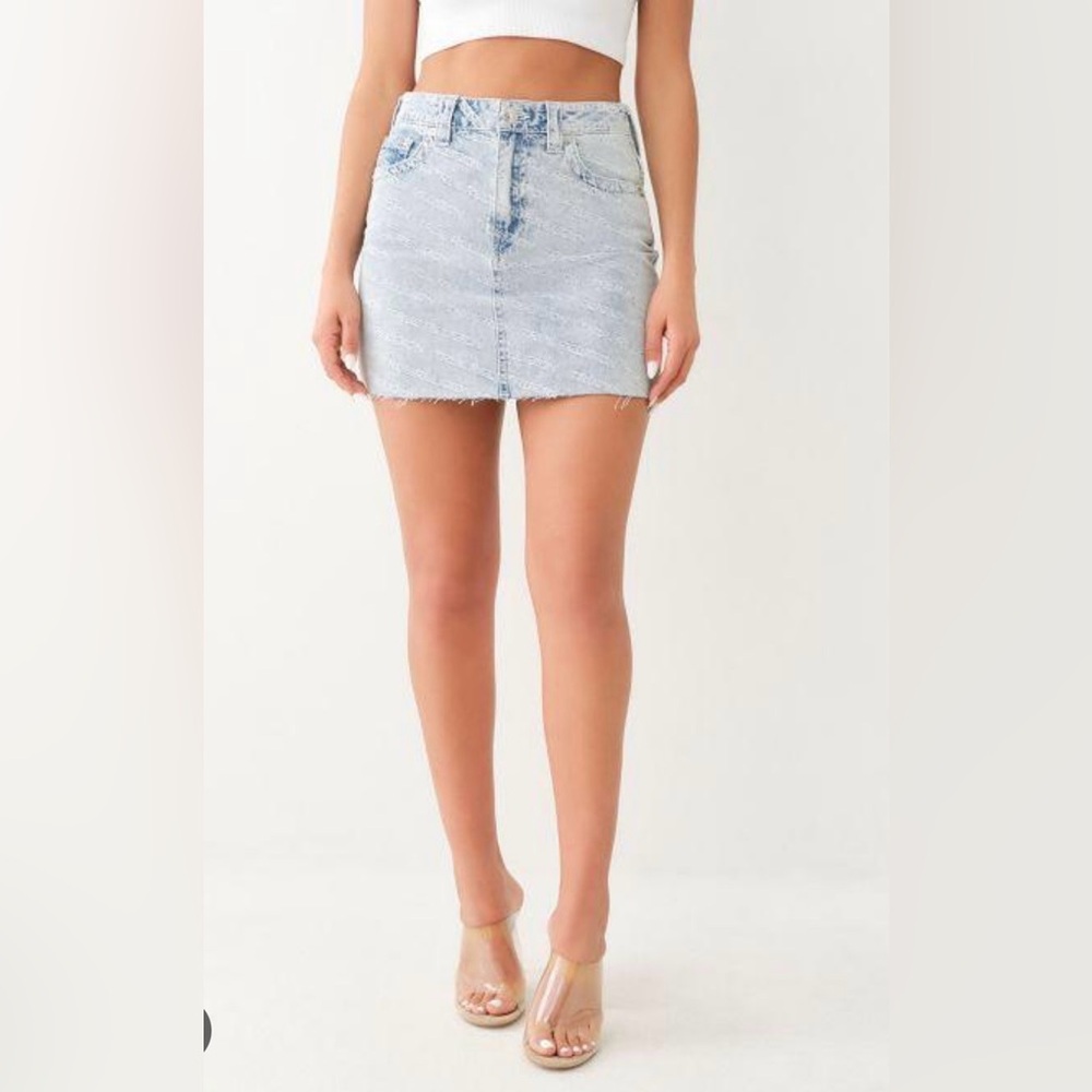 True Religion Monogram High Rise Denim Mini Skirt Leaping Water Y2K - Picture 2 of 11